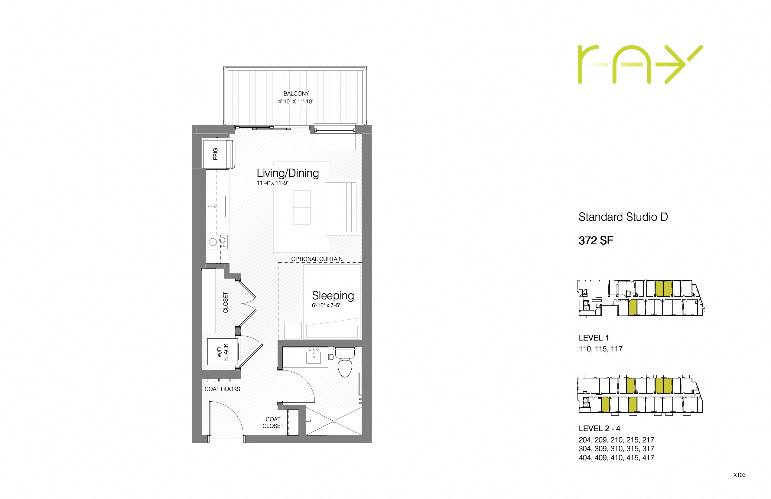 Floor plan for studio, 1 bath, 372 sqft